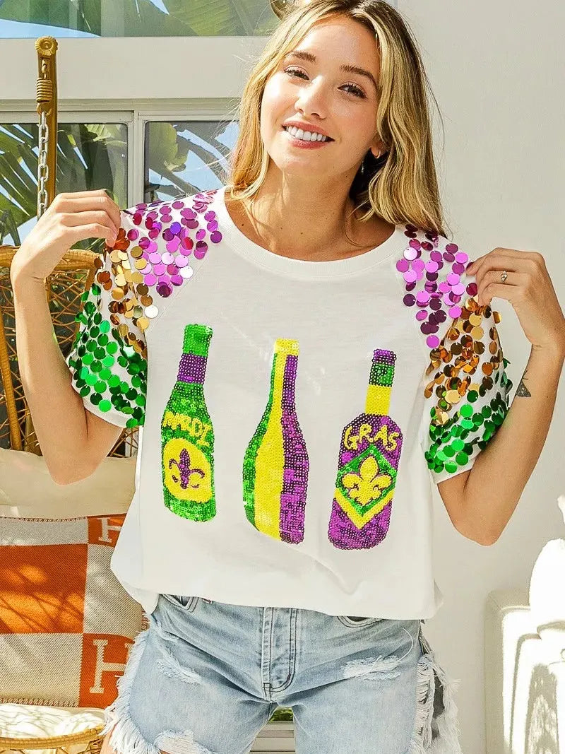 BiBi Mardi Gras Magic Sequin Bottle Spangled Sleeve Top-Women's Shirts & Tops-Shop Z & Joxa