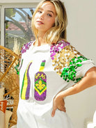 BiBi Mardi Gras Magic Sequin Bottle Spangled Sleeve Top-Women's Shirts & Tops-Shop Z & Joxa