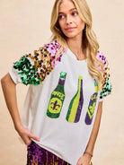 BiBi Mardi Gras Magic Sequin Bottle Spangled Sleeve Top-Women's Shirts & Tops-Shop Z & Joxa