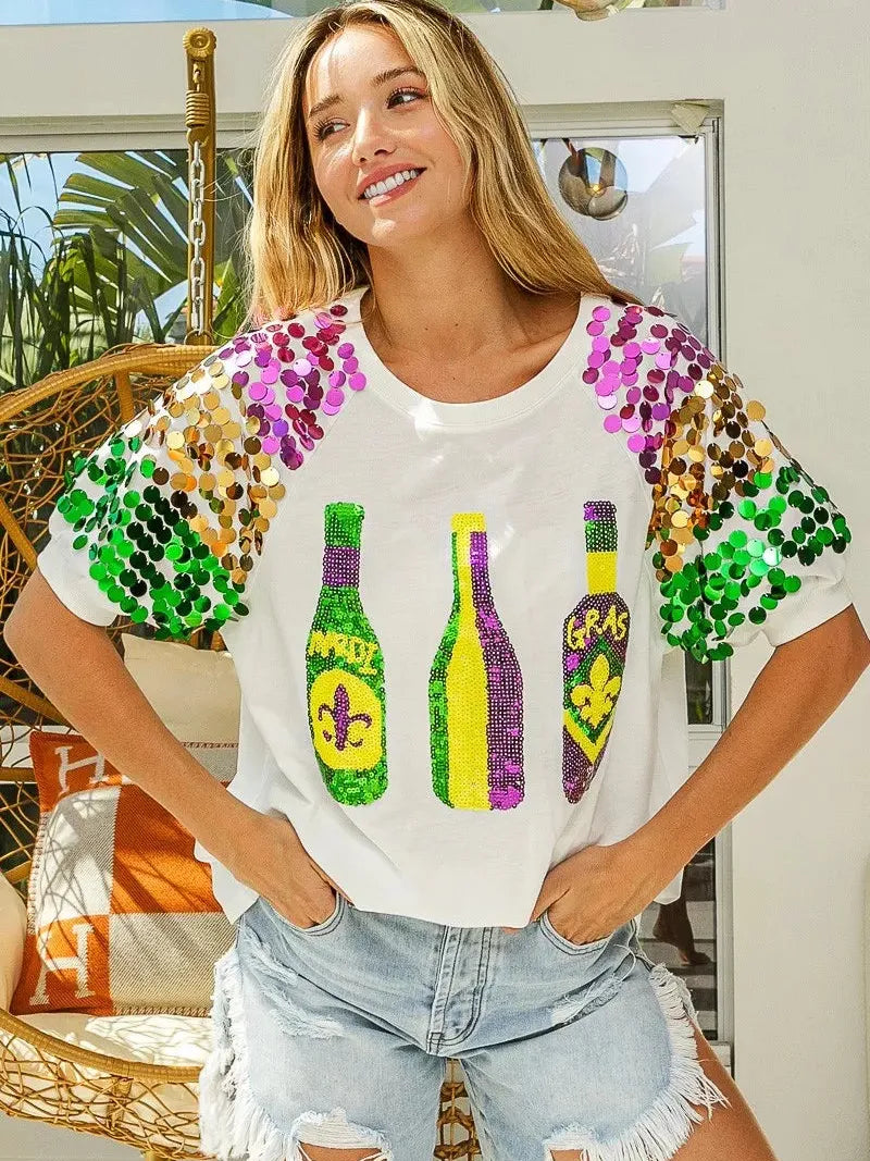 BiBi Mardi Gras Magic Sequin Bottle Spangled Sleeve Top-Women's Shirts & Tops-Shop Z & Joxa