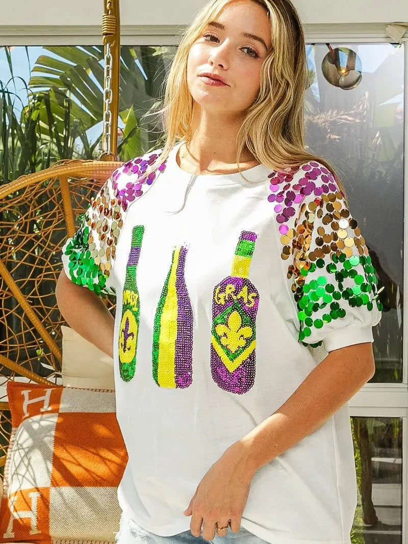 BiBi Mardi Gras Magic Sequin Bottle Spangled Sleeve Top-Women's Shirts & Tops-Shop Z & Joxa