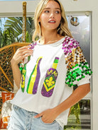 BiBi Mardi Gras Magic Sequin Bottle Spangled Sleeve Top-Women's Shirts & Tops-Shop Z & Joxa
