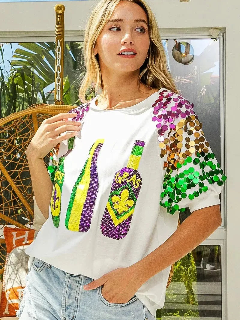 BiBi Mardi Gras Magic Sequin Bottle Spangled Sleeve Top-Women's Shirts & Tops-Shop Z & Joxa