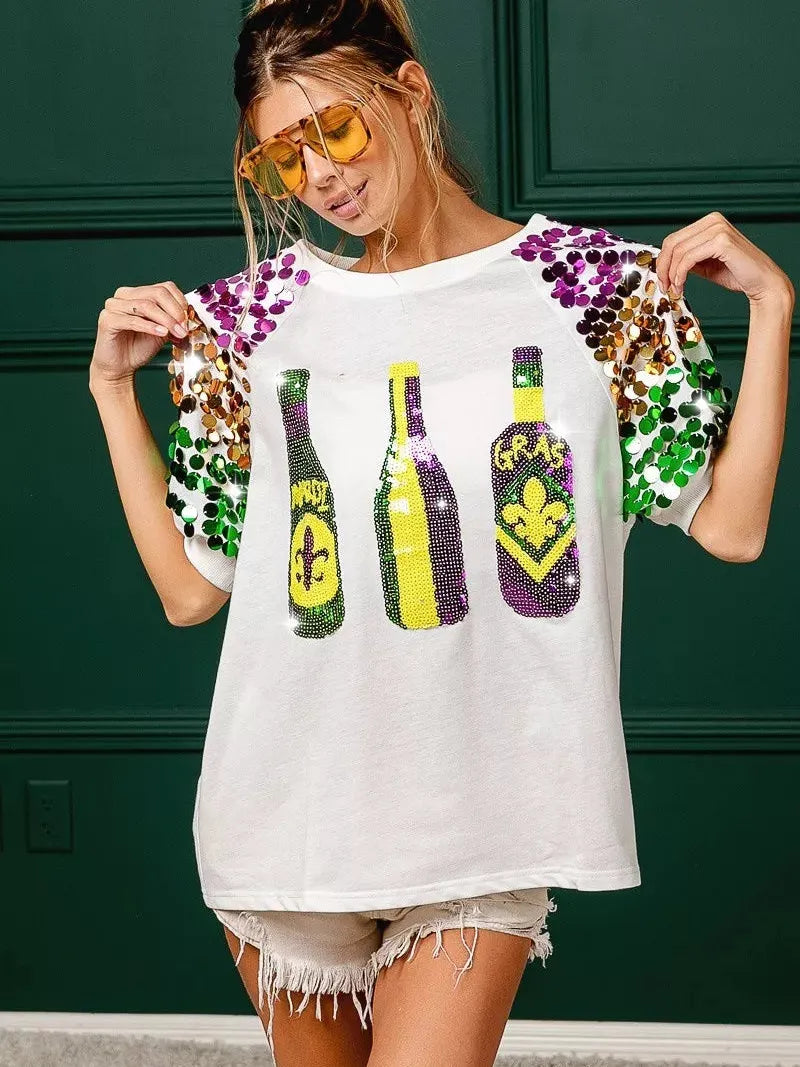 BiBi Mardi Gras Magic Sequin Bottle Spangled Sleeve Top-Women's Shirts & Tops-Shop Z & Joxa