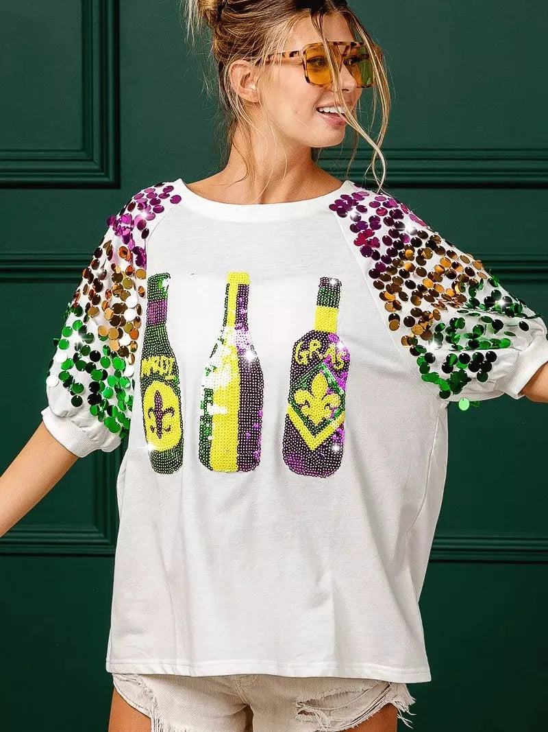 BiBi Mardi Gras Magic Sequin Bottle Spangled Sleeve Top-Women's Shirts & Tops-Shop Z & Joxa
