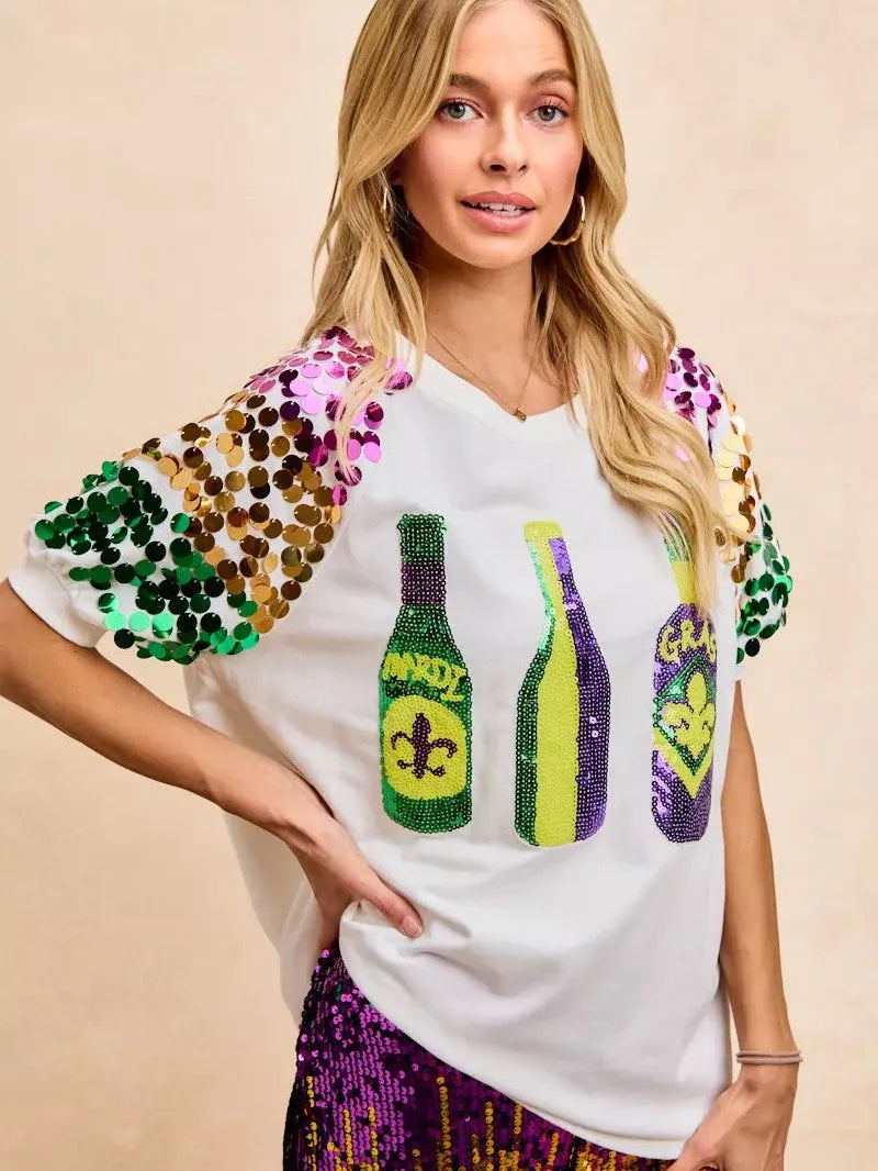 BiBi Mardi Gras Magic Sequin Bottle Spangled Sleeve Top-Women's Shirts & Tops-Shop Z & Joxa