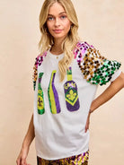 BiBi Mardi Gras Magic Sequin Bottle Spangled Sleeve Top-Women's Shirts & Tops-Shop Z & Joxa