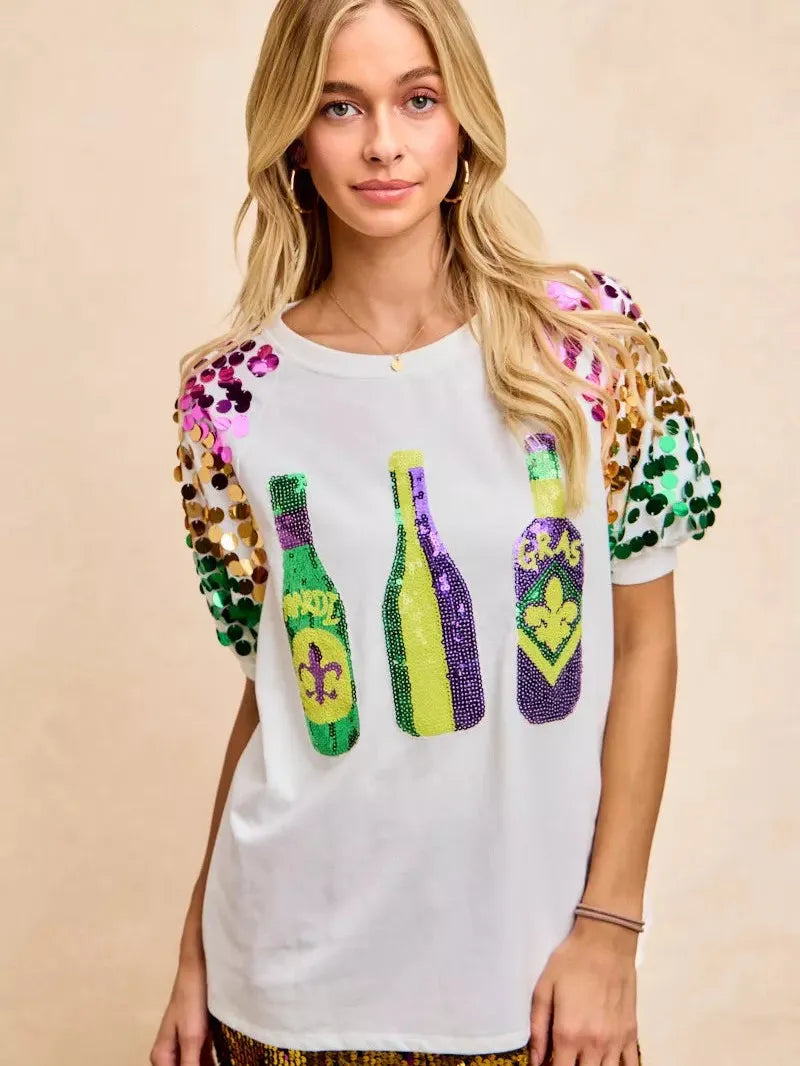 BiBi Mardi Gras Magic Sequin Bottle Spangled Sleeve Top-Women's Shirts & Tops-Shop Z & Joxa