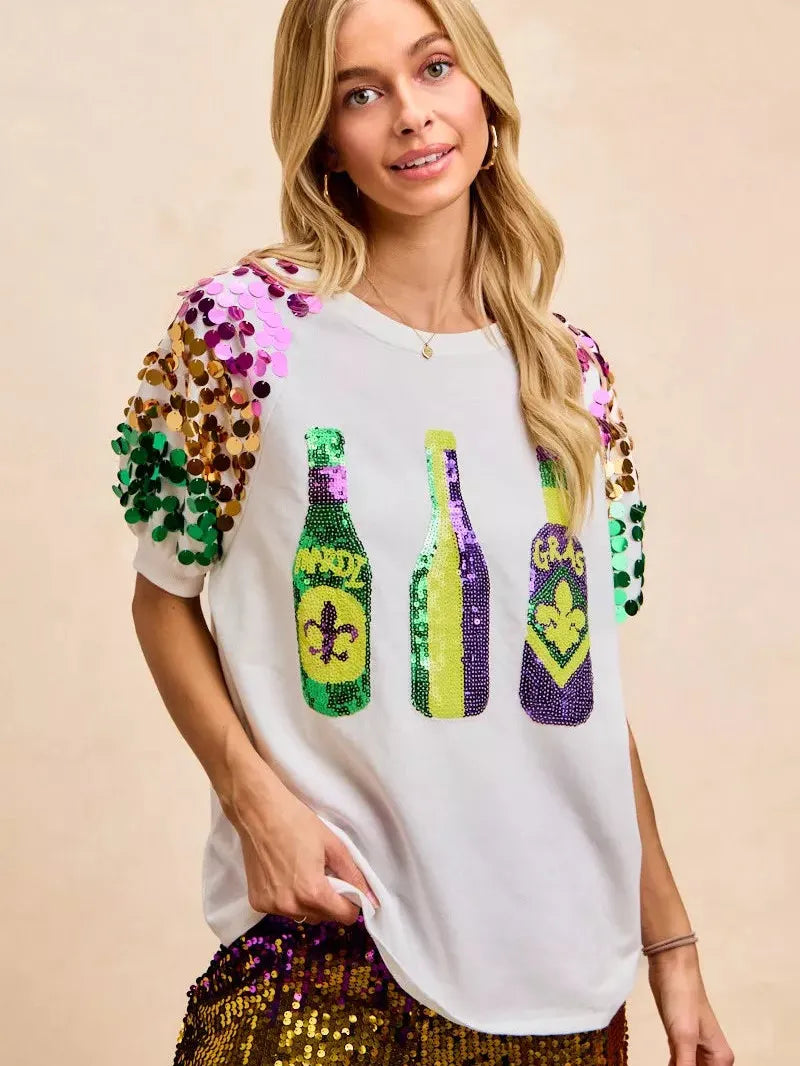 BiBi Mardi Gras Magic Sequin Bottle Spangled Sleeve Top-Women's Shirts & Tops-Shop Z & Joxa