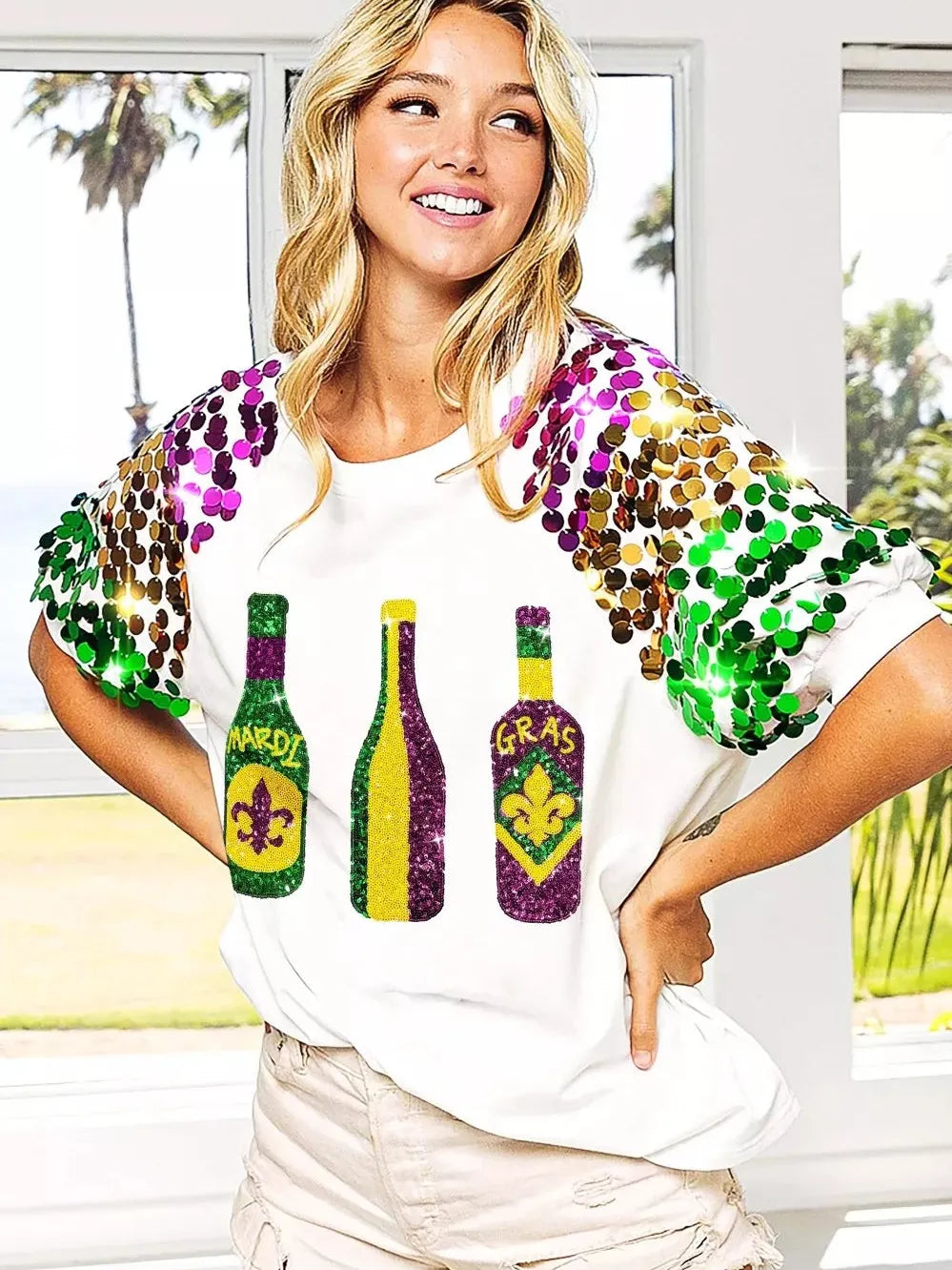 BiBi Mardi Gras Magic Sequin Bottle Spangled Sleeve Top-Women's Shirts & Tops-Shop Z & Joxa