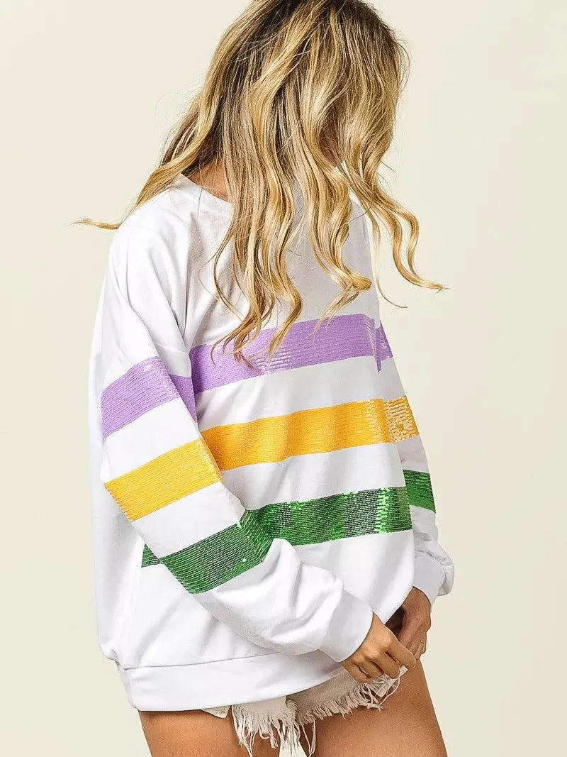 BiBi Mardi Gras Mood Sequin Striped Round Neck Sweatshirt-Women's Shirts & Tops-Shop Z & Joxa