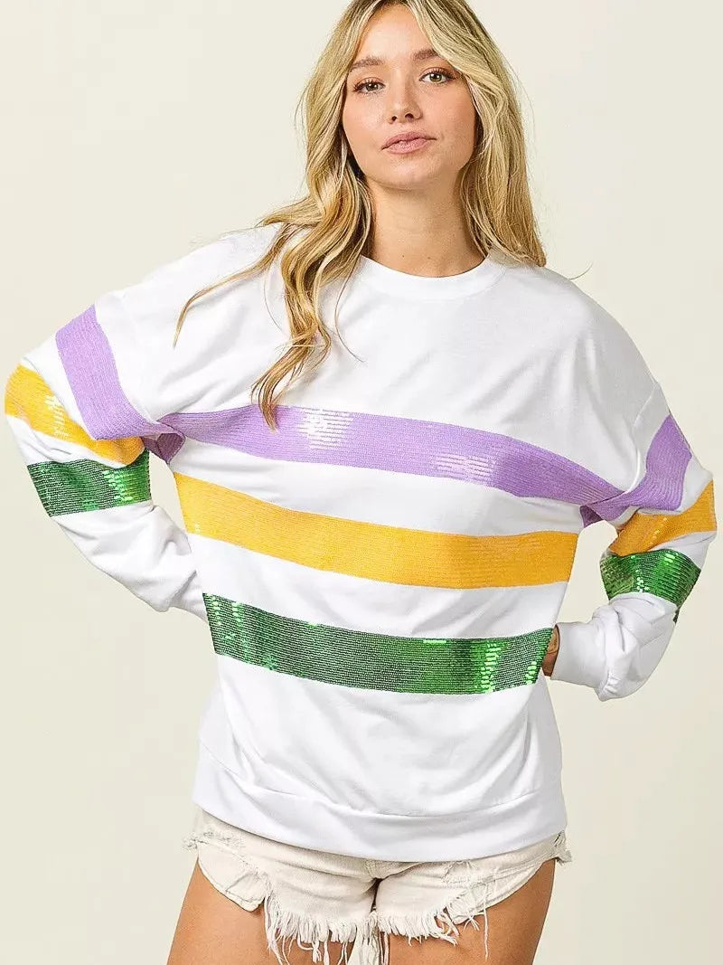 BiBi Mardi Gras Mood Sequin Striped Round Neck Sweatshirt-Women's Shirts & Tops-Shop Z & Joxa