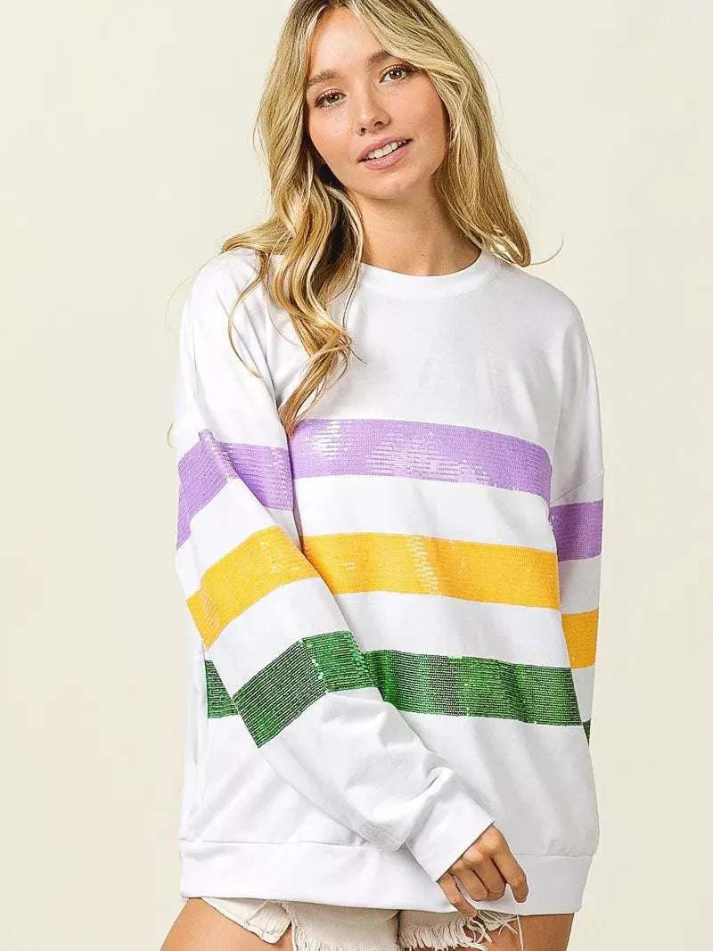 BiBi Mardi Gras Mood Sequin Striped Round Neck Sweatshirt-Women's Shirts & Tops-Shop Z & Joxa