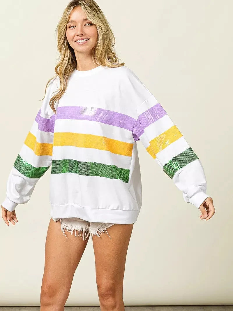 BiBi Mardi Gras Mood Sequin Striped Round Neck Sweatshirt-Women's Shirts & Tops-Shop Z & Joxa