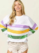 BiBi Mardi Gras Mood Sequin Striped Round Neck Sweatshirt-Women's Shirts & Tops-Shop Z & Joxa