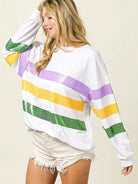 BiBi Mardi Gras Mood Sequin Striped Round Neck Sweatshirt-Women's Shirts & Tops-Shop Z & Joxa