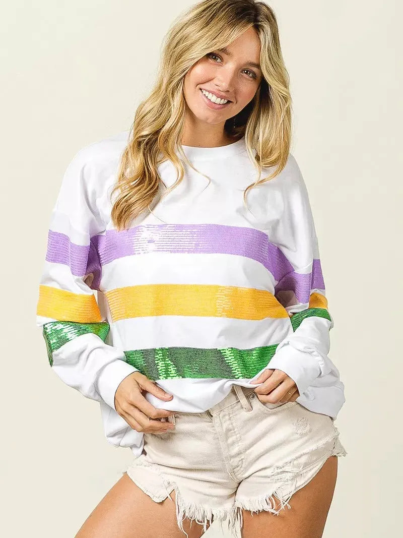 BiBi Mardi Gras Mood Sequin Striped Round Neck Sweatshirt-Women's Shirts & Tops-Shop Z & Joxa