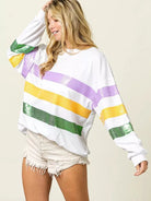 BiBi Mardi Gras Mood Sequin Striped Round Neck Sweatshirt-Women's Shirts & Tops-Shop Z & Joxa