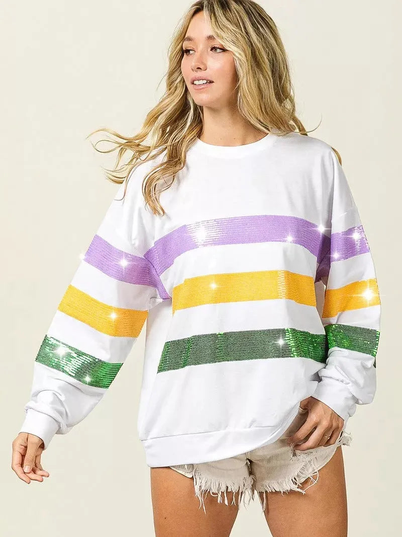BiBi Mardi Gras Mood Sequin Striped Round Neck Sweatshirt-Women's Shirts & Tops-Shop Z & Joxa