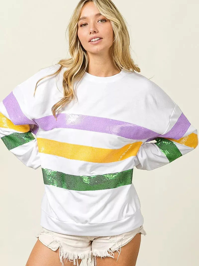 BiBi Mardi Gras Mood Sequin Striped Round Neck Sweatshirt-Women's Shirts & Tops-Shop Z & Joxa