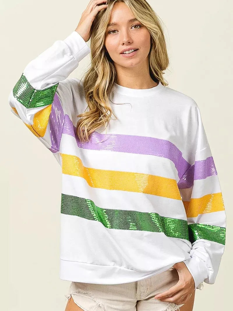 BiBi Mardi Gras Mood Sequin Striped Round Neck Sweatshirt-Women's Shirts & Tops-Shop Z & Joxa