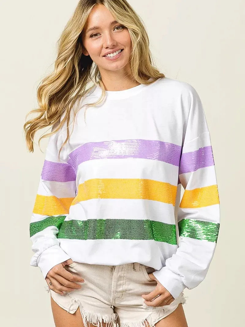 BiBi Mardi Gras Mood Sequin Striped Round Neck Sweatshirt-Women's Shirts & Tops-Shop Z & Joxa