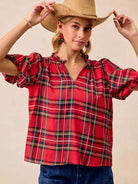 BiBi Merry & Plaid Festive Plaid Short Sleeve Ruffled Blouse-Women's Shirts & Tops-Shop Z & Joxa