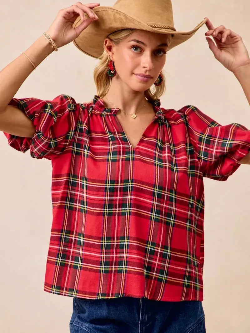 BiBi Merry & Plaid Festive Plaid Short Sleeve Ruffled Blouse-Women's Shirts & Tops-Shop Z & Joxa