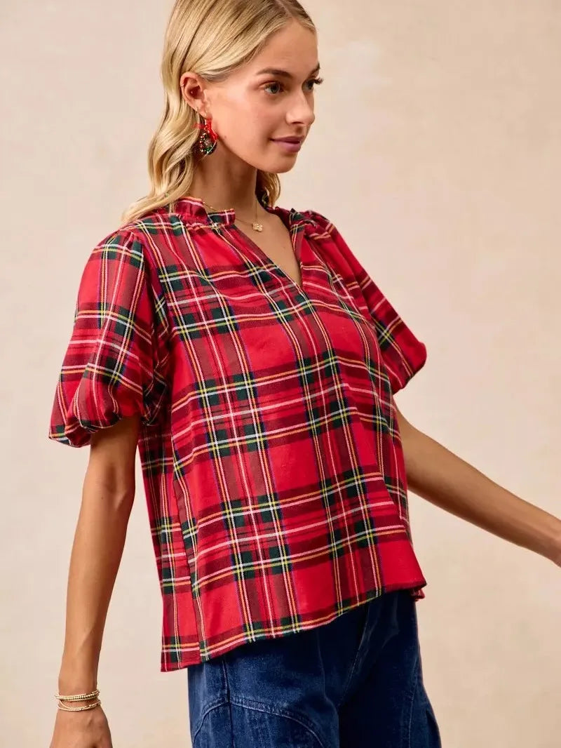 BiBi Merry & Plaid Festive Plaid Short Sleeve Ruffled Blouse-Women's Shirts & Tops-Shop Z & Joxa