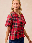 BiBi Merry & Plaid Festive Plaid Short Sleeve Ruffled Blouse-Women's Shirts & Tops-Shop Z & Joxa