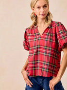 BiBi Merry & Plaid Festive Plaid Short Sleeve Ruffled Blouse-Women's Shirts & Tops-Shop Z & Joxa