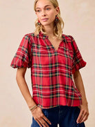 BiBi Merry & Plaid Festive Plaid Short Sleeve Ruffled Blouse-Women's Shirts & Tops-Shop Z & Joxa