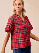 BiBi Merry & Plaid Festive Plaid Short Sleeve Ruffled Blouse-Women's Shirts & Tops-Shop Z & Joxa