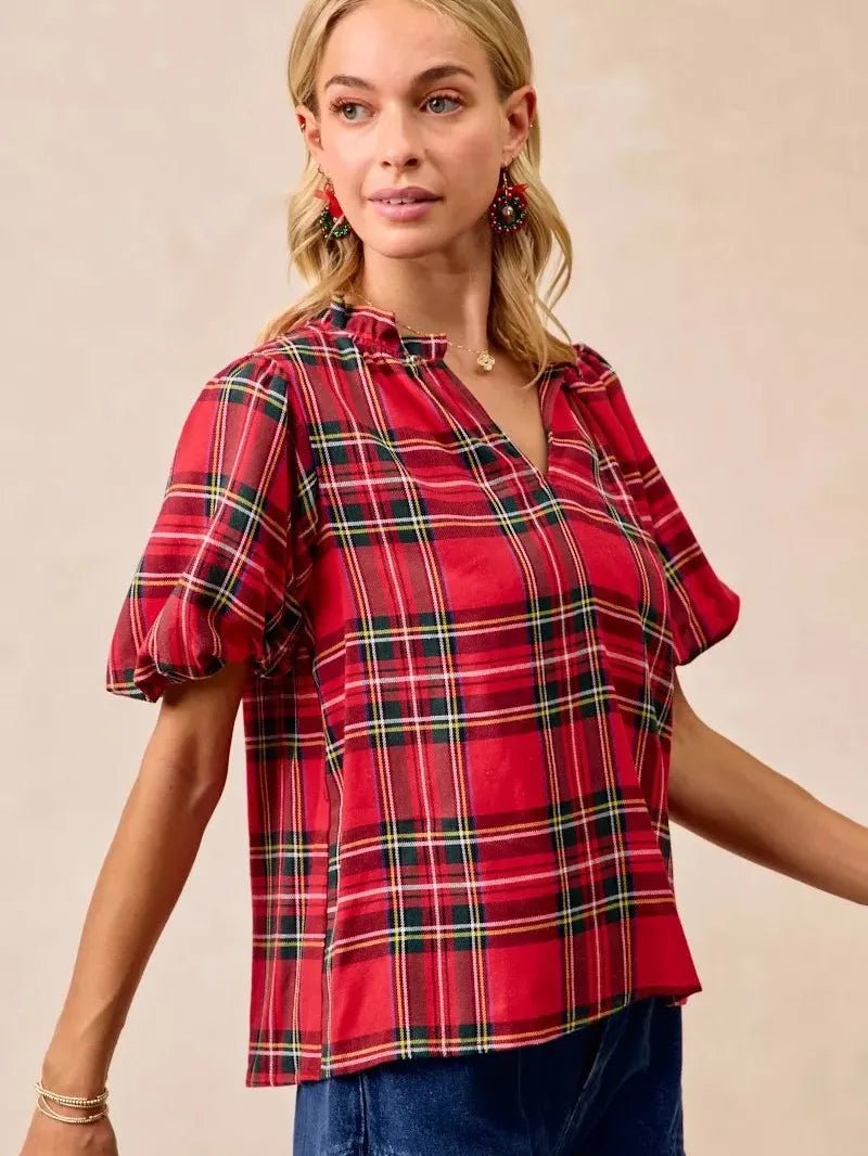 BiBi Merry & Plaid Festive Plaid Short Sleeve Ruffled Blouse-Women's Shirts & Tops-Shop Z & Joxa