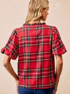 BiBi Merry & Plaid Festive Plaid Short Sleeve Ruffled Blouse-Women's Shirts & Tops-Shop Z & Joxa