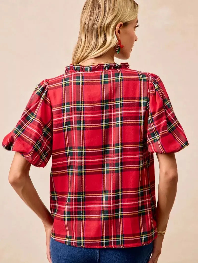 BiBi Merry & Plaid Festive Plaid Short Sleeve Ruffled Blouse-Women's Shirts & Tops-Shop Z & Joxa