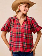 BiBi Merry & Plaid Festive Plaid Short Sleeve Ruffled Blouse-Women's Shirts & Tops-Shop Z & Joxa