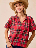 BiBi Merry & Plaid Festive Plaid Short Sleeve Ruffled Blouse-Women's Shirts & Tops-Shop Z & Joxa