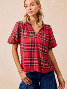 BiBi Merry & Plaid Festive Plaid Short Sleeve Ruffled Blouse-Women's Shirts & Tops-Shop Z & Joxa