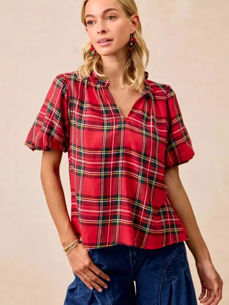 BiBi Merry & Plaid Festive Plaid Short Sleeve Ruffled Blouse-Women's Shirts & Tops-Shop Z & Joxa