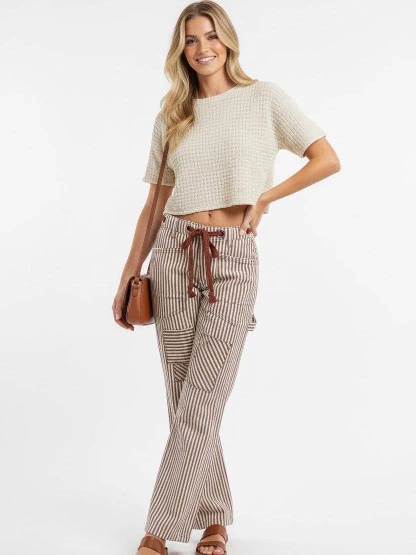 BiBi Mocha Stripes Drawstring Twill Barrel Pants-Women's Pants-Shop Z & Joxa