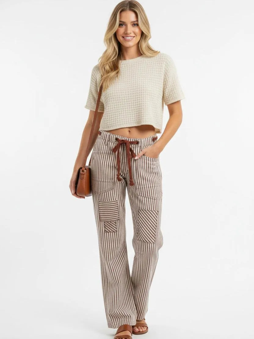 BiBi Mocha Stripes Drawstring Twill Barrel Pants-Women's Pants-Shop Z & Joxa