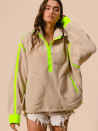 BiBi Neon Edge Half Zip Up Sherpa Jacket with Contrast Trim-Women's Outerwear-Shop Z & Joxa