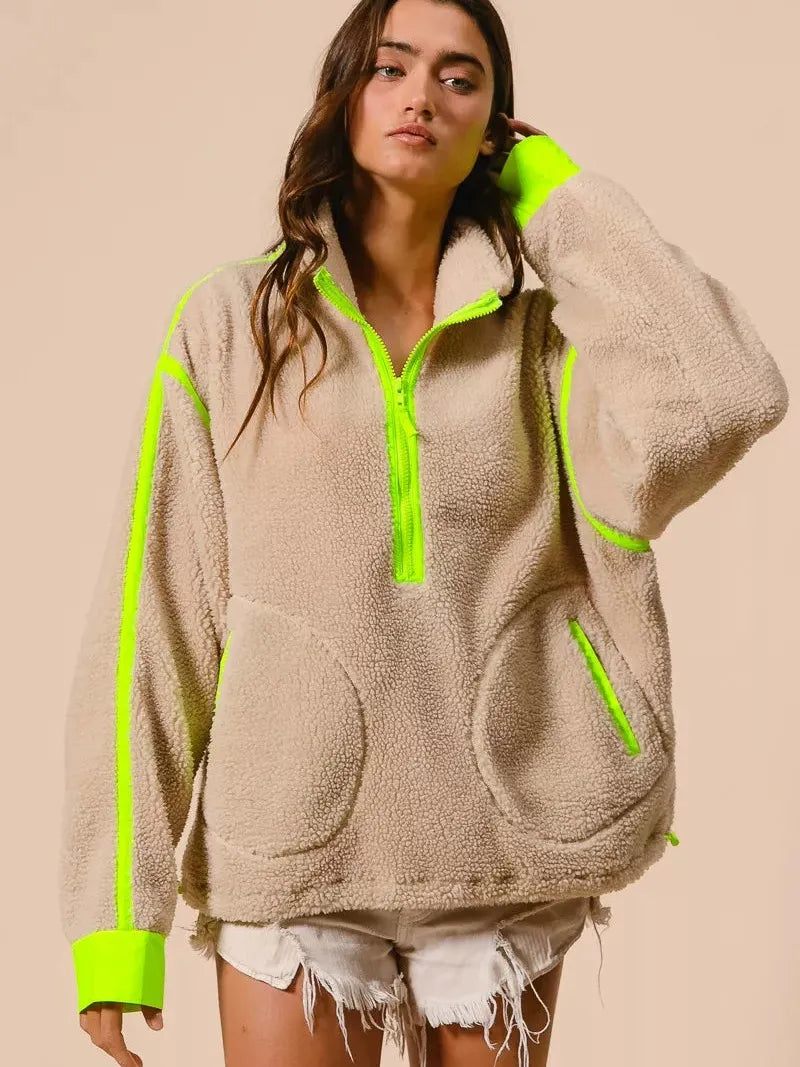 BiBi Neon Edge Half Zip Up Sherpa Jacket with Contrast Trim-Women's Outerwear-Shop Z & Joxa