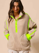 BiBi Neon Edge Half Zip Up Sherpa Jacket with Contrast Trim-Women's Outerwear-Shop Z & Joxa