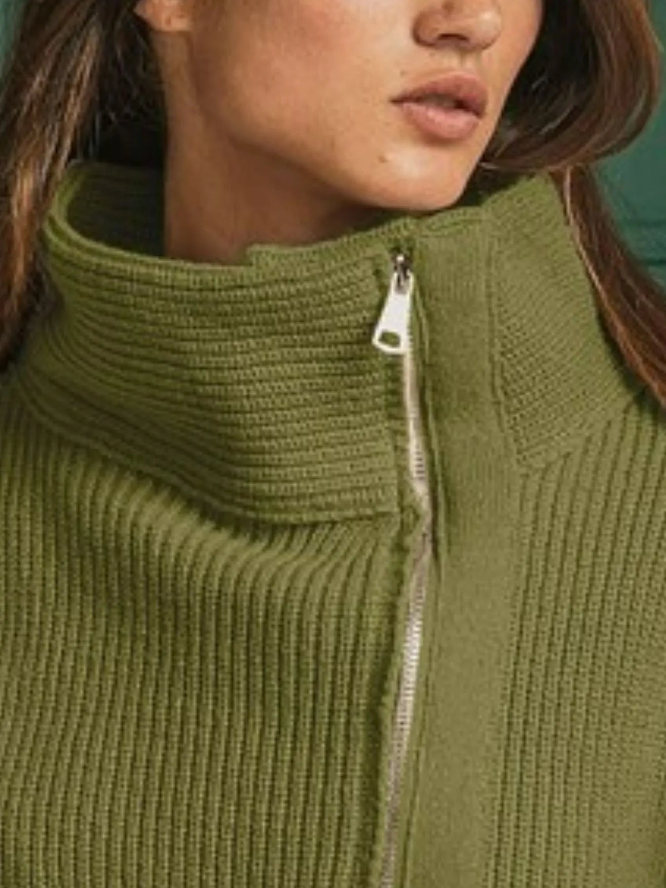 BiBi Olive Allure Front Zip Up High Neckline Sweater Jacket-Women's Shirts & Tops-Shop Z & Joxa