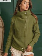 BiBi Olive Allure Front Zip Up High Neckline Sweater Jacket-Women's Shirts & Tops-Shop Z & Joxa