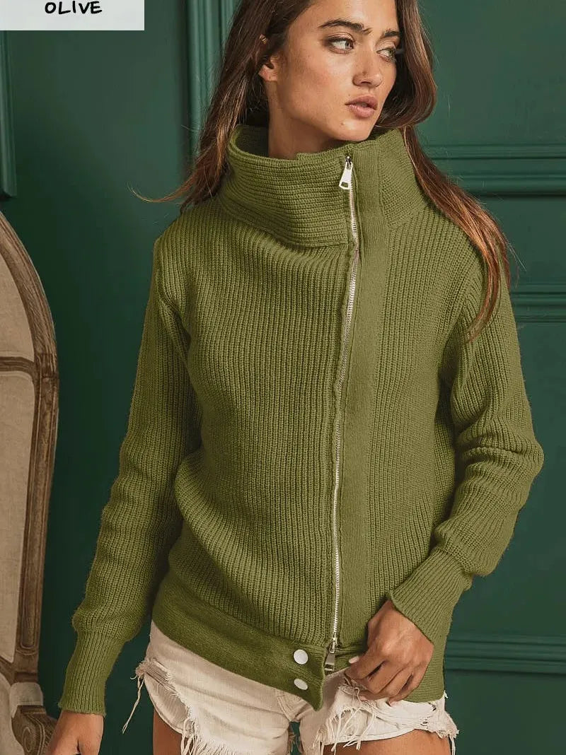 BiBi Olive Allure Front Zip Up High Neckline Sweater Jacket-Women's Shirts & Tops-Shop Z & Joxa