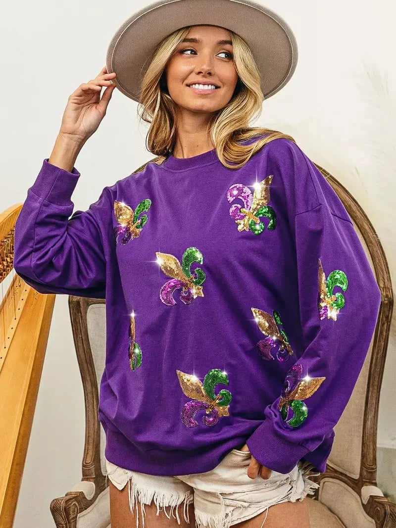 BiBi Parade Day Glam Sequin Fleur De Lis Patch Mardi Gras Sweatshirt-Women's Shirts & Tops-Shop Z & Joxa