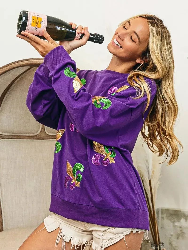 BiBi Parade Day Glam Sequin Fleur De Lis Patch Mardi Gras Sweatshirt-Women's Shirts & Tops-Shop Z & Joxa